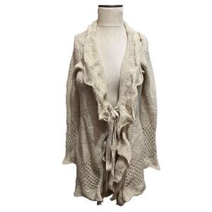 Venus Womens Cream Ruffle Tie Cardigan Sweater Longer Style Crochet Look Size XS